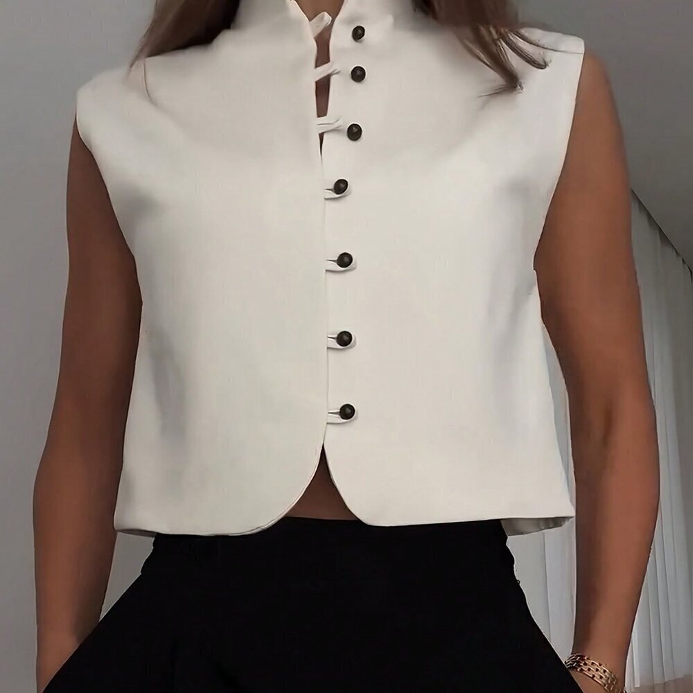 White Casual Women's Elegant Sleeveless Double-Breasted Woven Top - Picture 1 of 6